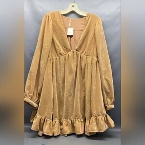 NWT Free People Camel Velvet Ruffle Tiered Dress SZ MED